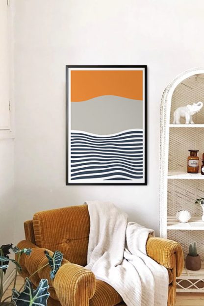 Abstract sunset with gray mountain poster in interior