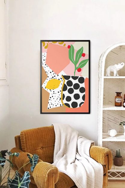 Abstract vase and lemon poster in interior