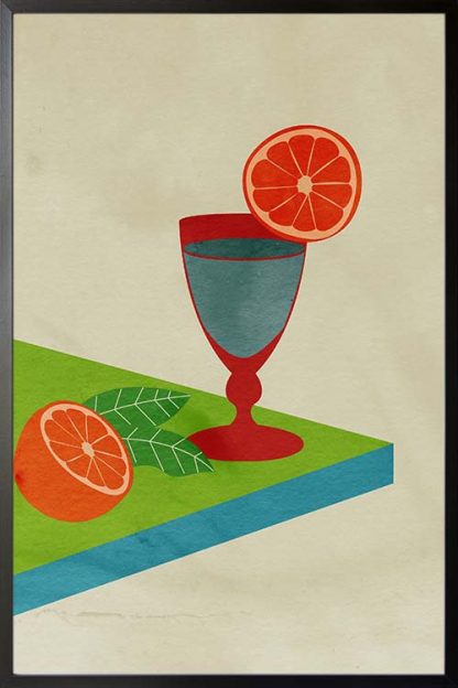 An art print poster of a cocktail glass and slice of orange
