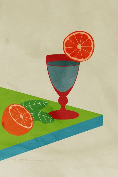 An art print poster of a cocktail glass and slice of orange