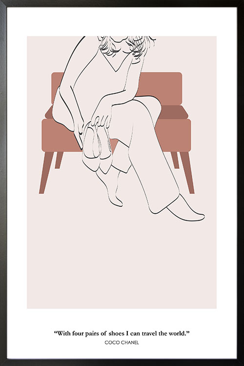 A woman With four pairs of shoes illustration poster