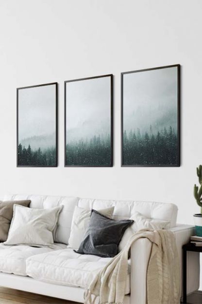 Foggy mountain and pine trees no. 1 photography poster in an interior