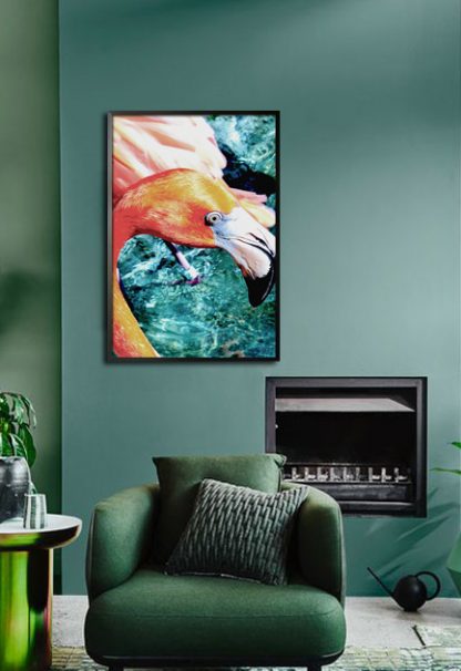 A poster of flamingo in turquoise tone water from artdesign in interior