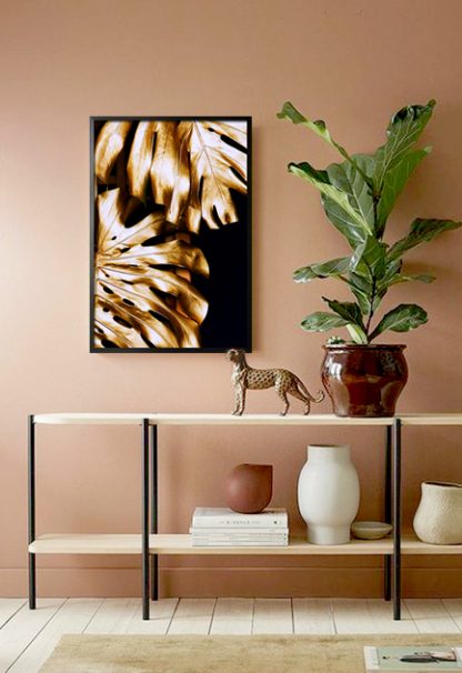 Golden tropical leaves poster in interior