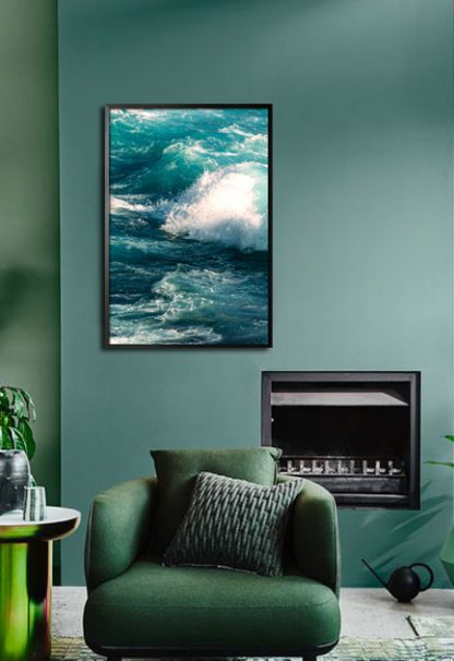 Blue tone waves and splashes poster in interior
