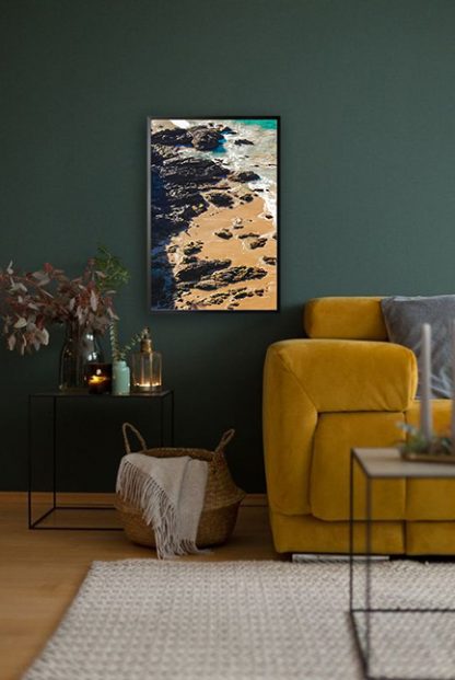 Water, beach and rock Poster in interior