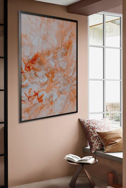 Messy orange color abstract art poster in interior