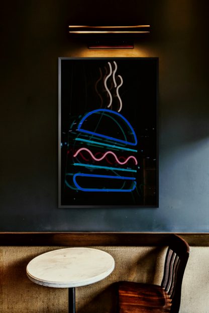 Neon burger sign poster in interior