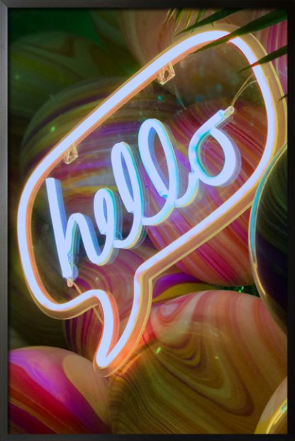 Neon hello sign with marble background poster