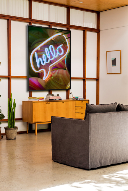 Neon hello sign with marble background poster in interior