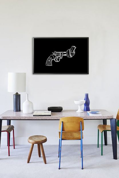 Non violence gun line art on black background poster in interior