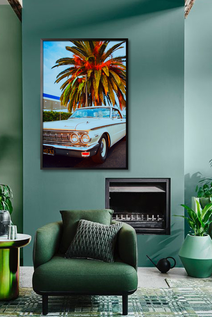 Vintage light blue car poster in interior