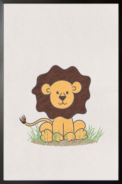 Cute lion on grass poster
