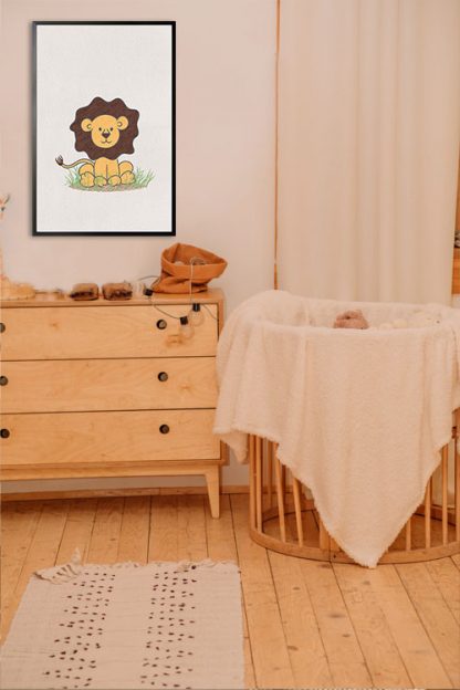 Cute lion on grass poster in interior