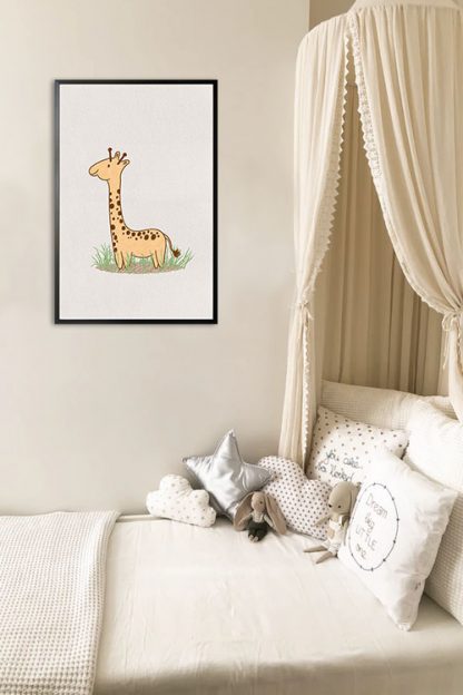 Cute giraffe on grass poster in interior