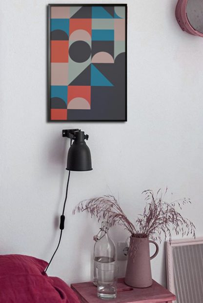 Orange and blue geometric abstract poster in interior