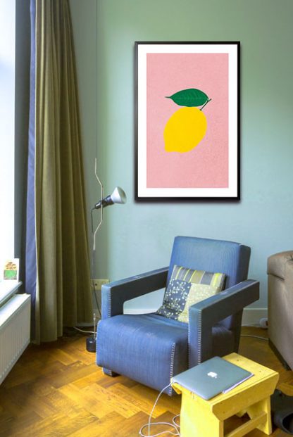 Lemon on pink background poster in interior