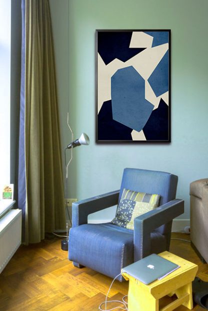 Dark blue shape abstract poster in interior