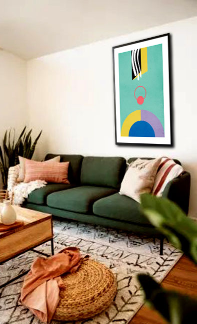 Memphis art half center orange cirle with line poster in interior
