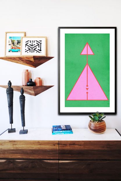 Memphis art half pink triangle and line poster in interior