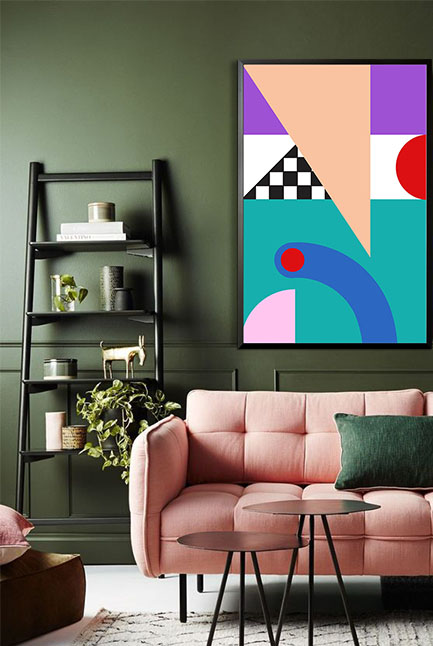 Memphis art checkered and triangle poster in interior