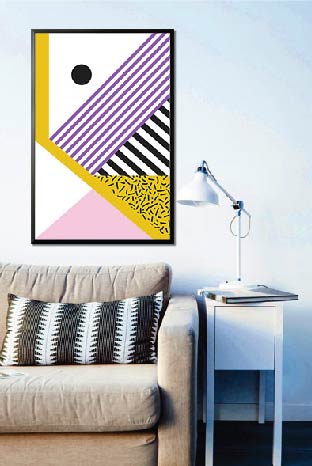 Memphis art violet diagonal lines and pattern poster in interior