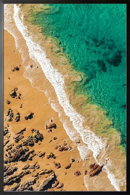 Beautiful beach from top view 2 poster in a black frame