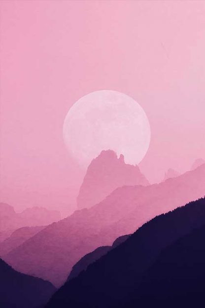Pink sky, moon and mountain poster
