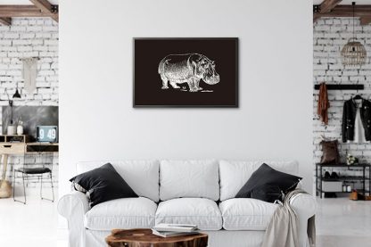 Hippo Sketch in Black Background Poster in Interior
