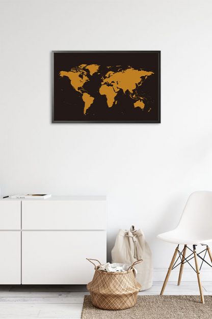 World Map Stencil in Black Background Poster in Interior