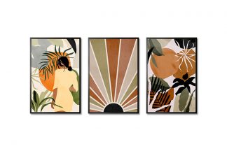 Botanical Boho Shapes and Figure Trio Poster Bundle in Black Frame