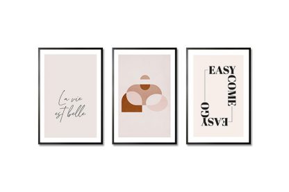 Beige Geometric and Typo Trio Poster Bundle in Black Frame