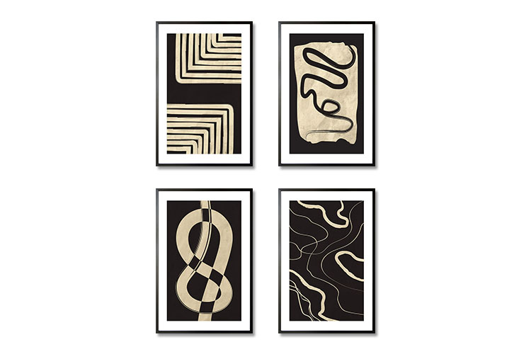 Black and Beige Art Reverse Set Poster Bundle in Black Frame