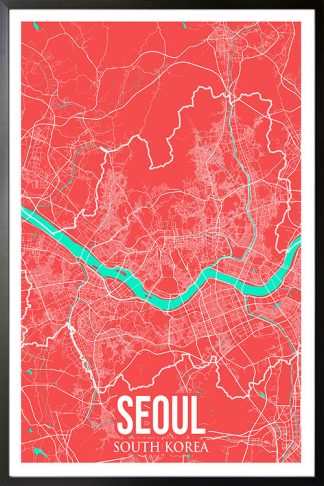 Seoul Colored City Map Poster in black frame