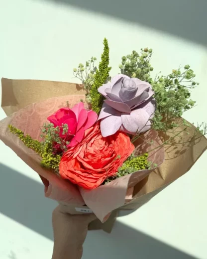 A mini flower bouquet with multi-colored fossilized flowers.