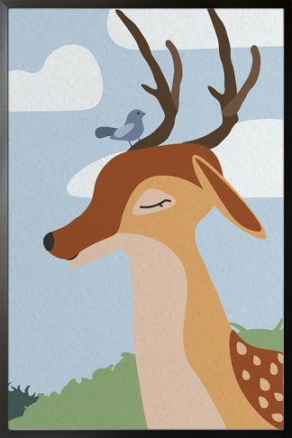 Cute deer with a bird Poster