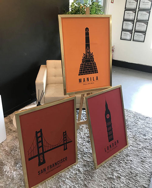 A minimal illustration of cities of Manila, London and San Francisco in canvas print