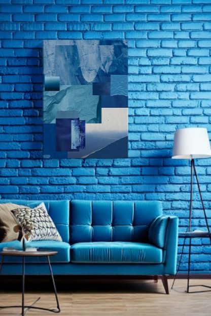 Fragment of Blue 1 Canvas in a blue room made of bricks with a blue sofa and tripod lampshade
