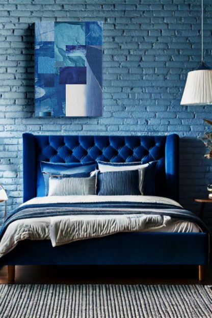 Fragment of Blue 2 Canvas in a blue room with a brick wall that have a royal blue bed