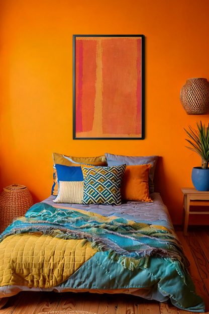 Orange Radiance Poster in black frame inside the orange bedroom