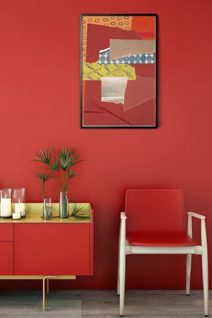 Torn Textures Poster in black frame inside the red room with red chairs and table