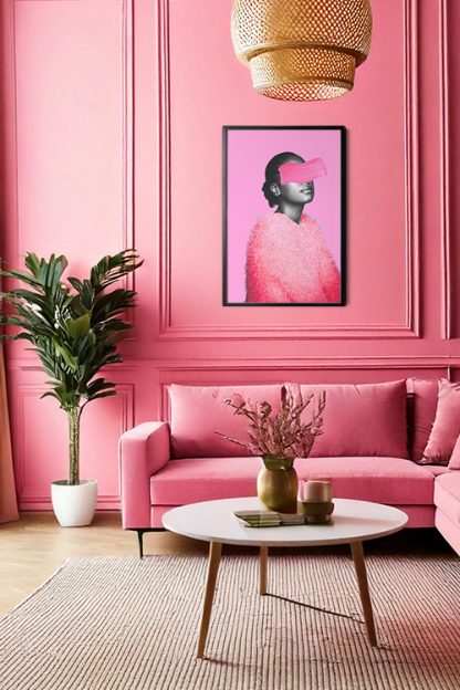 Veiled in Vivid Poster in a black frame inside the pink room with plants and pink sofa