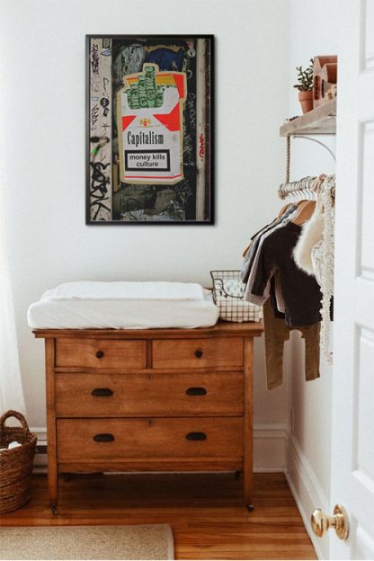 Dangerous Poster in a black frame with clothes hanging on the side and wooden wood