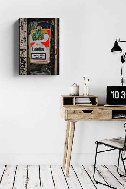 Dangerous Canvas inside the white room with a white wall and a wooden study table