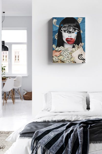 Gimme That Canvas in a white bedroom with white pillow, table and chairs
