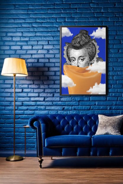 What's Inside My Bag Poster in a black frame inside the blue room made of bricks with tall lampshade and blue royal sofa