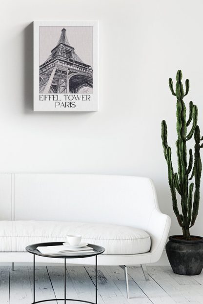 Eiffel Tower Paris Sketch Canvas in a living room with white coach and cactus on a side