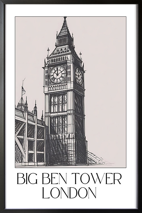 Big Ben Tower London Sketch Poster in a black frame