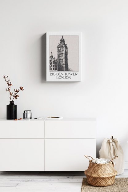 Big Ben Tower London Sketch Canvas in a white room with white drawers and native weave basket
