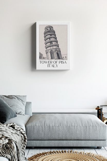 Tower of Pisa Canvas, hanging on a white plain wall with bed